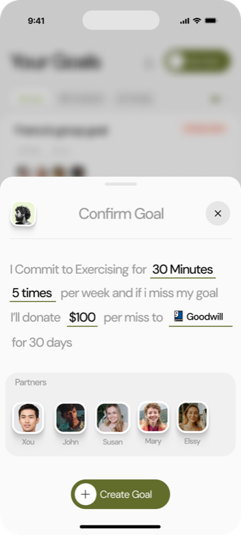 Goal creation confirmation showing stake settings